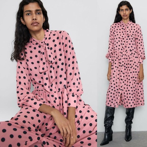 Zara Pleated Polka Dot Long Sleeve Dress w/ Neck Tie Pink/Black NWT. - Picture 4 of 9